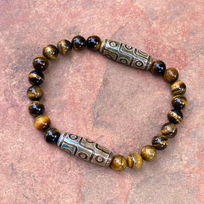 Tiger’s Eye and Tibetan Agate gemstone Beaded Stretch Bracelet