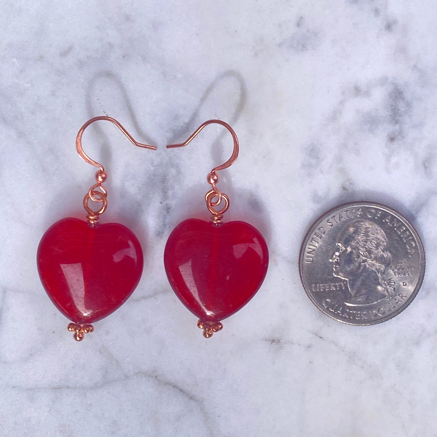 Red Jade Heart and Copper Dangle Earrings
