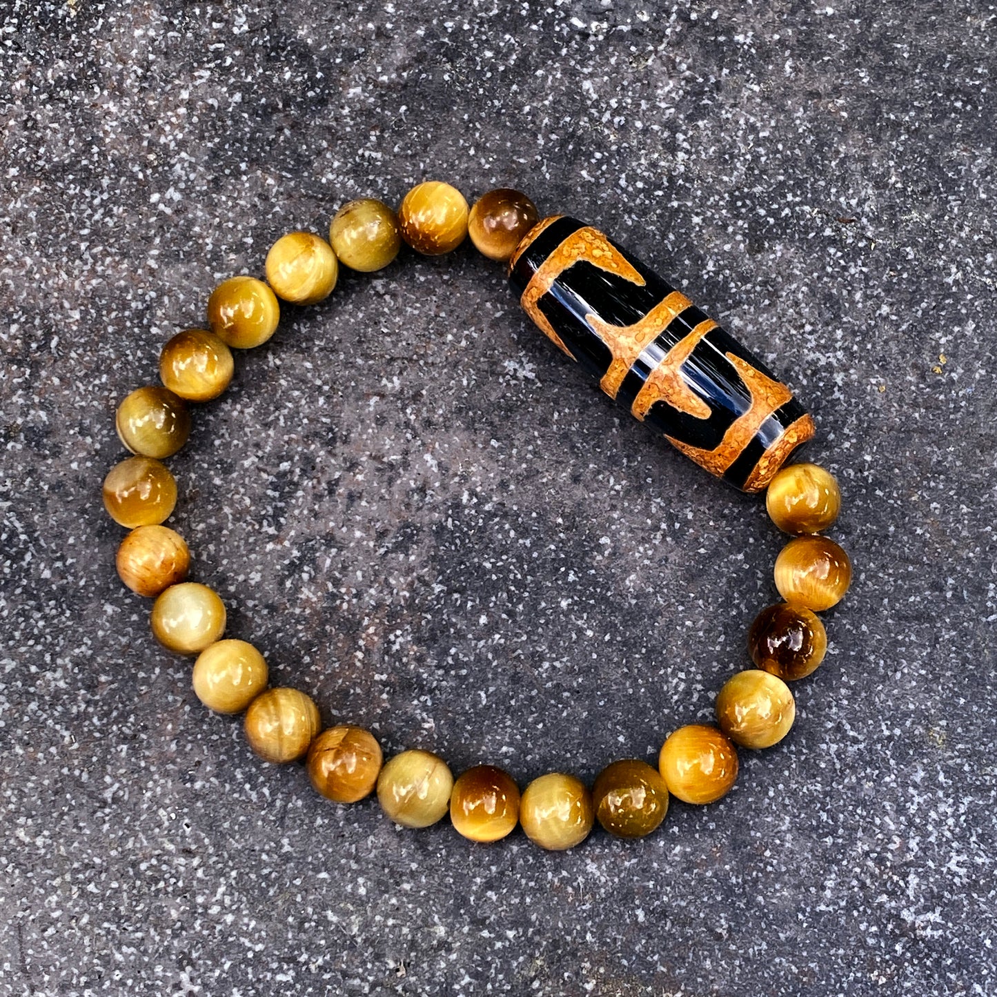 Golden Tiger’s Eye and Tibetan Agate gemstone Beaded Stretch Bracelet
