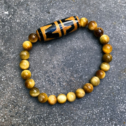 Golden Tiger’s Eye and Tibetan Agate gemstone Beaded Stretch Bracelet
