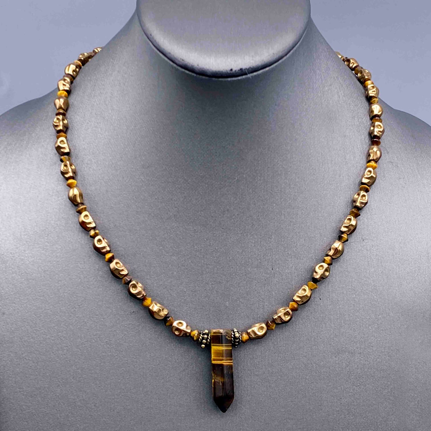Tiger Eye and Hematite Skull Necklace