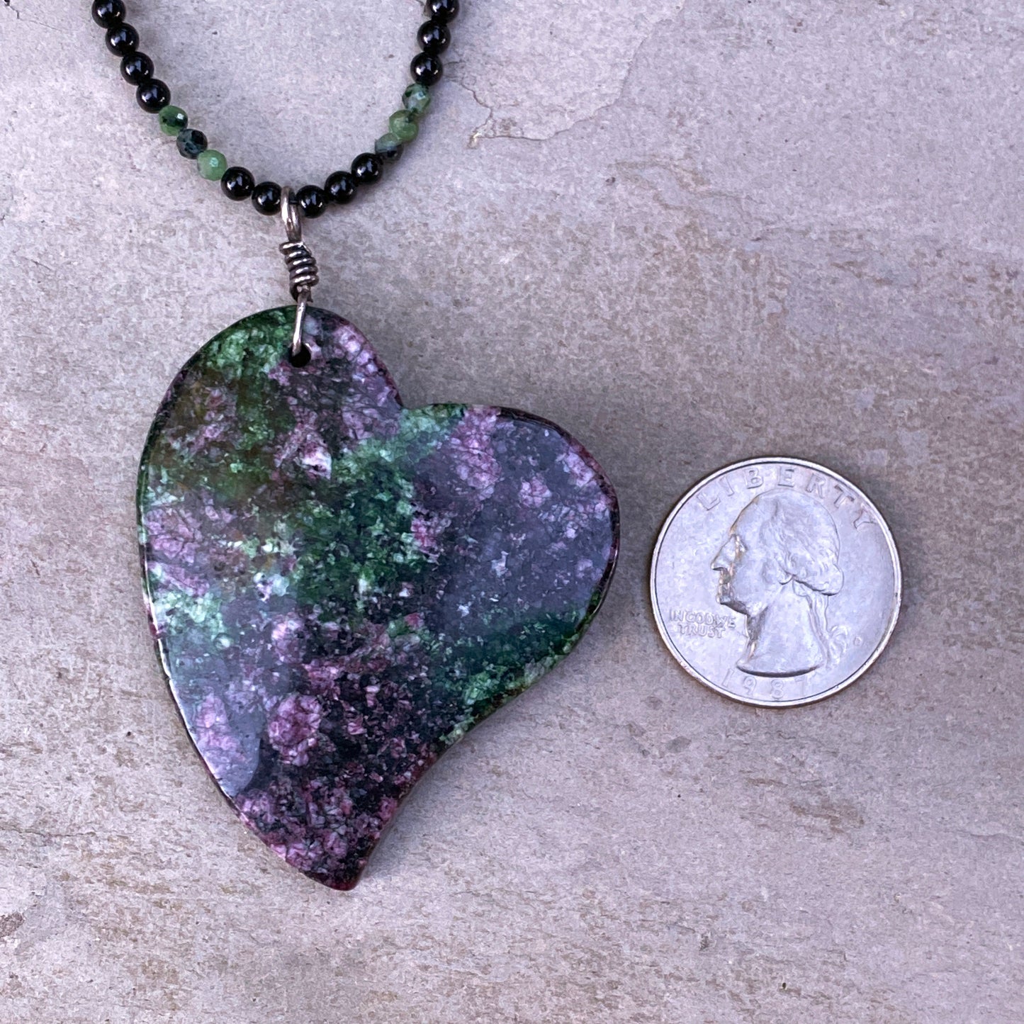 Ruby Zoisite Heart on Onyx beaded necklace