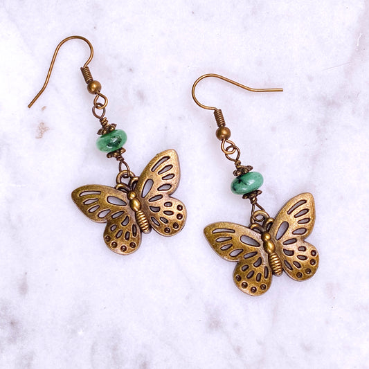 Emerald and Brass Butterfly Dangle Earrings