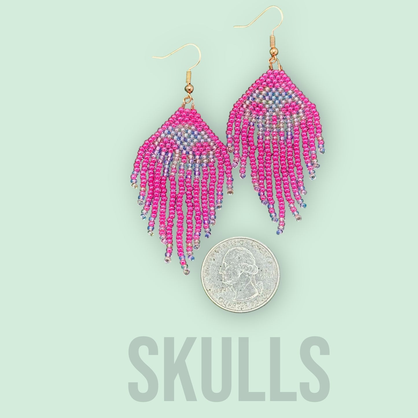 Pink Glass Beaded skull fringe earrings