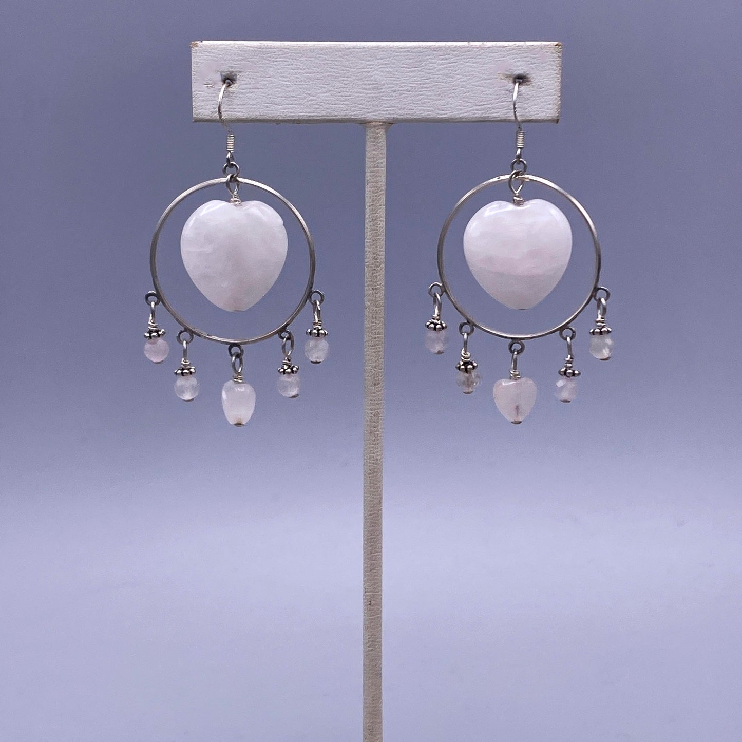 Pale Rose Quartz Heart and Sterling Silver dangle Earrings