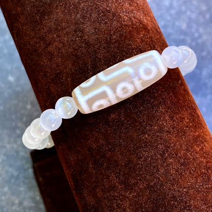 Selenite and Tibetan Agate Gemstone stretch bracelet