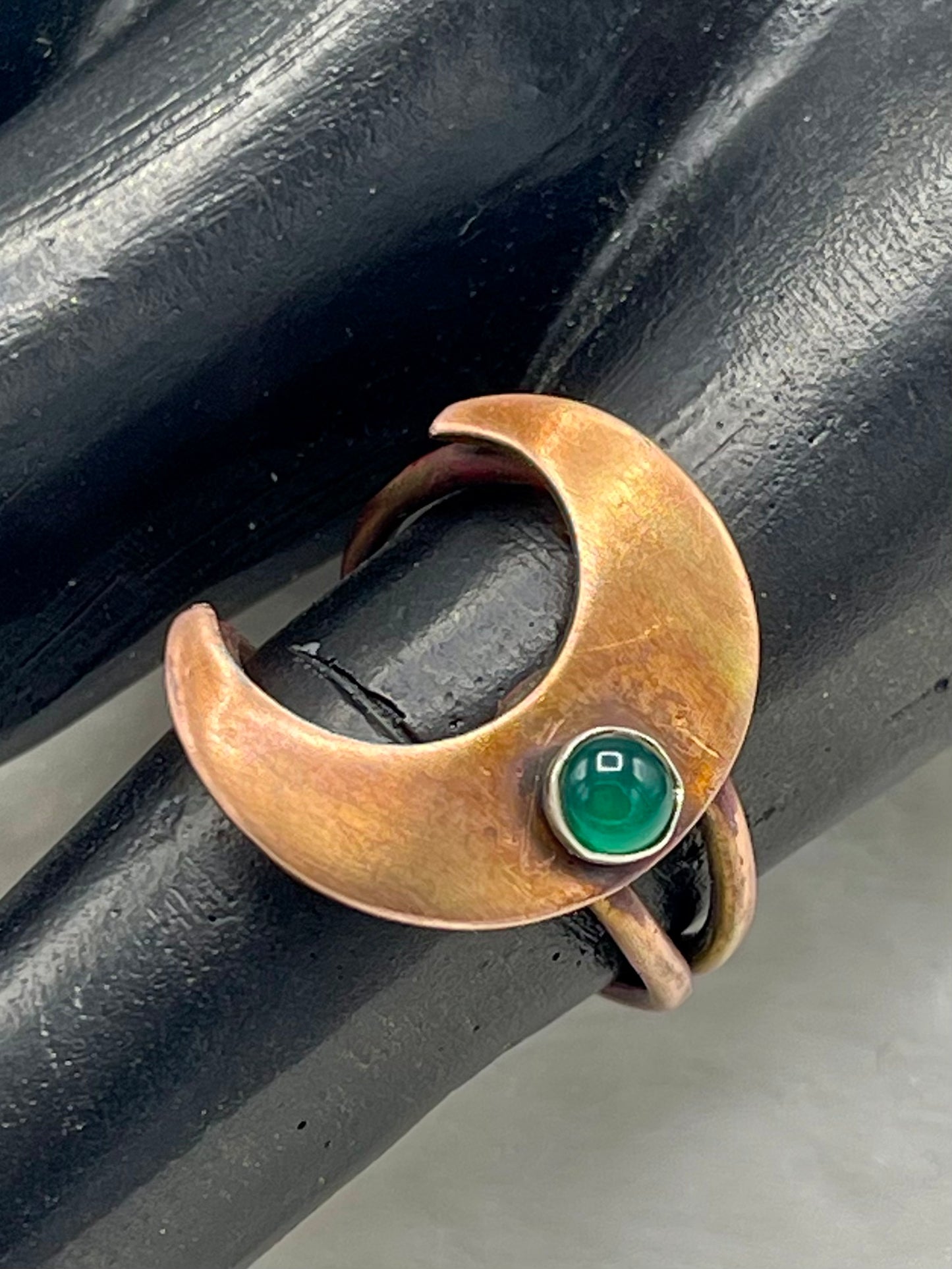 Copper and Sterling Silver Moon Ring with Green Onyx