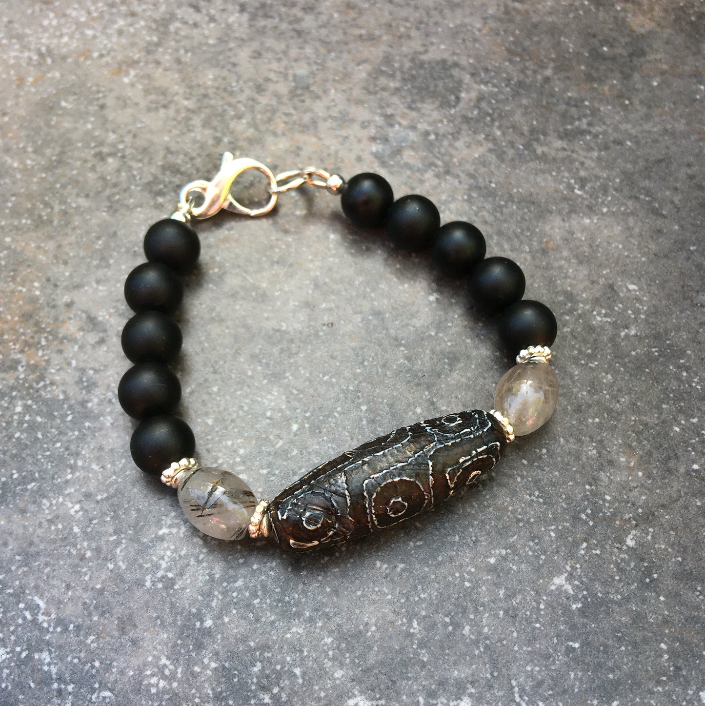Men's Tibetan Agate, Rutilated Quartz matte Onyx and sterling silver bracelet