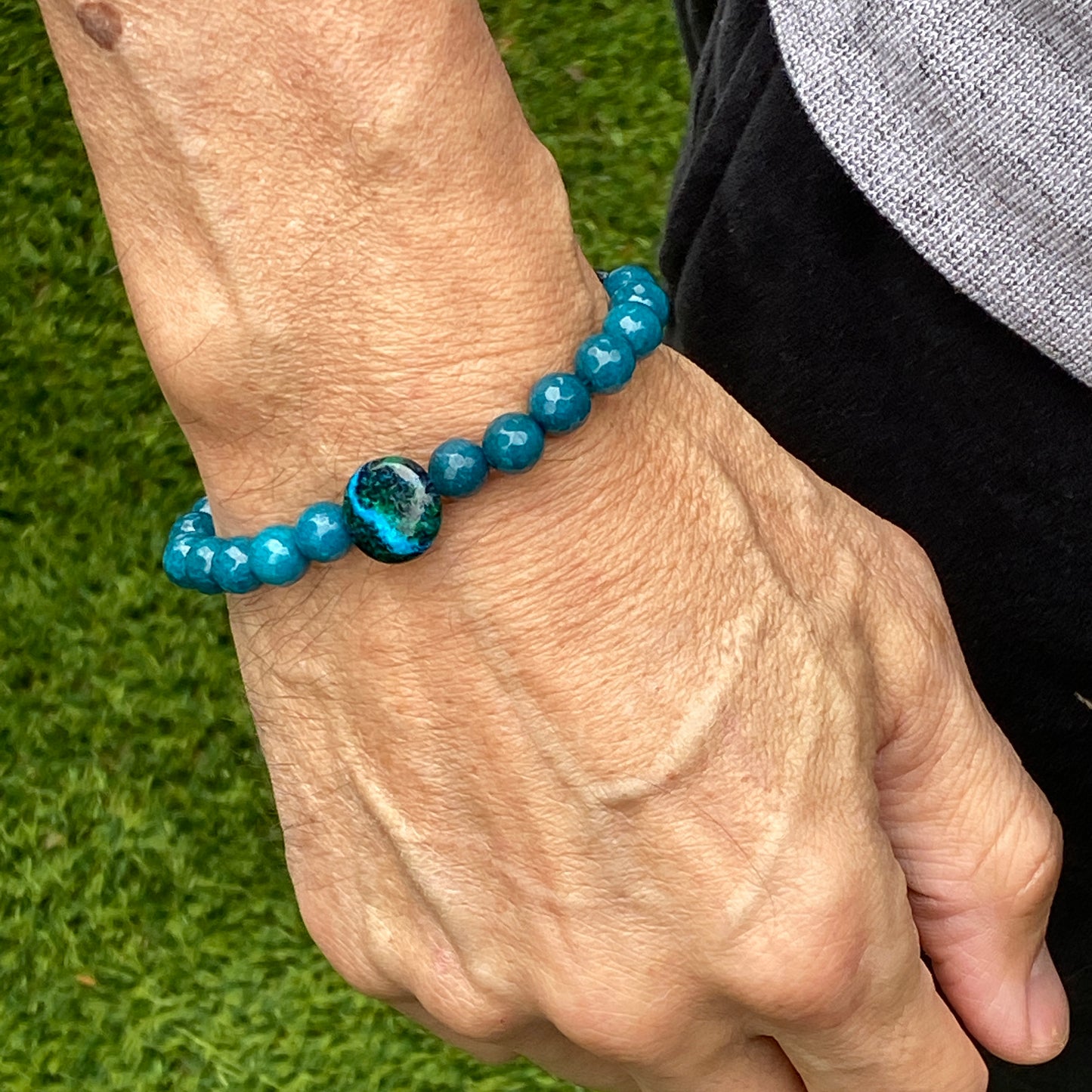 Men's Angelite & Chrysocolla semiprecious gemstone stretch bracelet