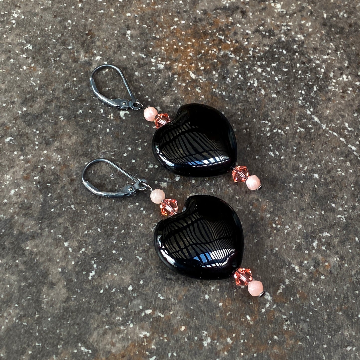 Large Black Onyx Hearts, Pink Swarovski Crystal & Pink opal drop Earrings