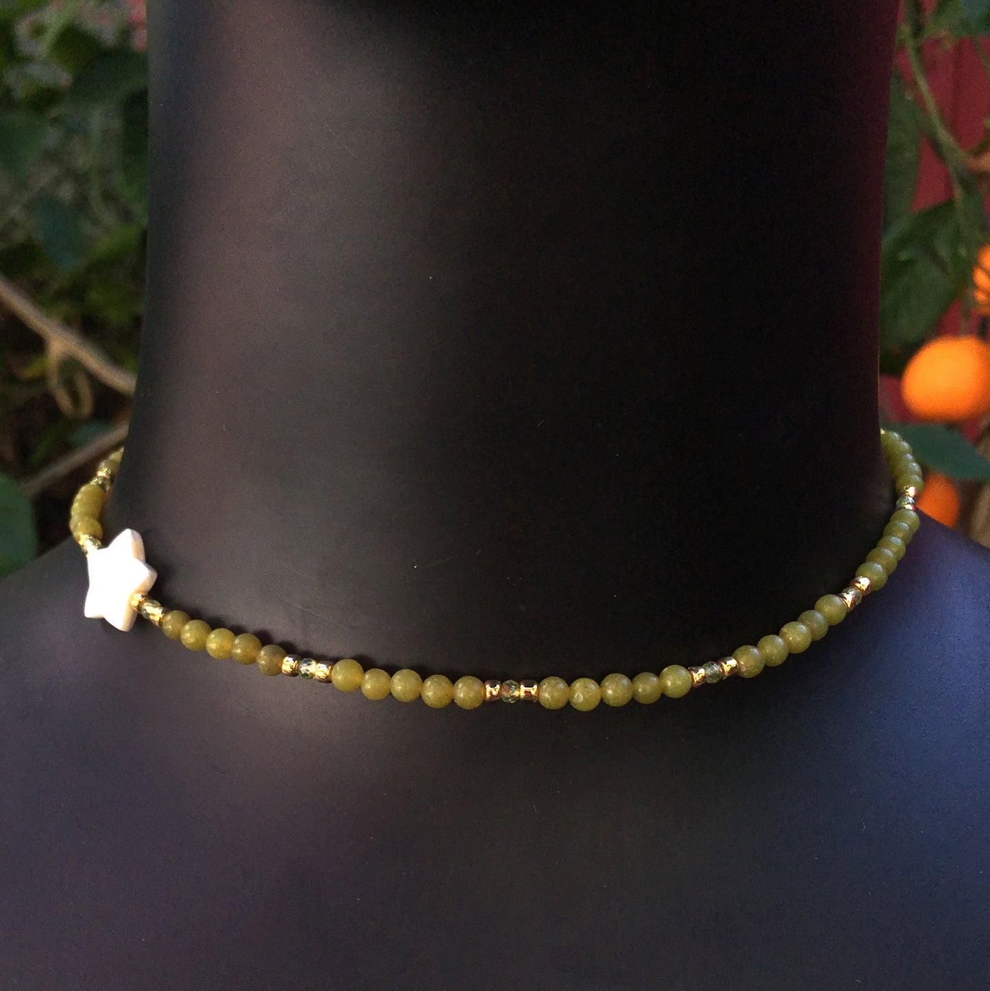 Women's Olive Jade Gemstone with Mother of Pearl Star Choker Necklace