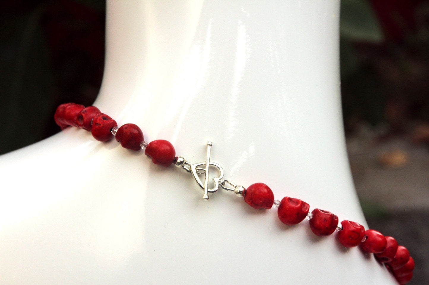 Women's Red Skulls & Hematite Gemstone Necklace wtih Sterling Silver