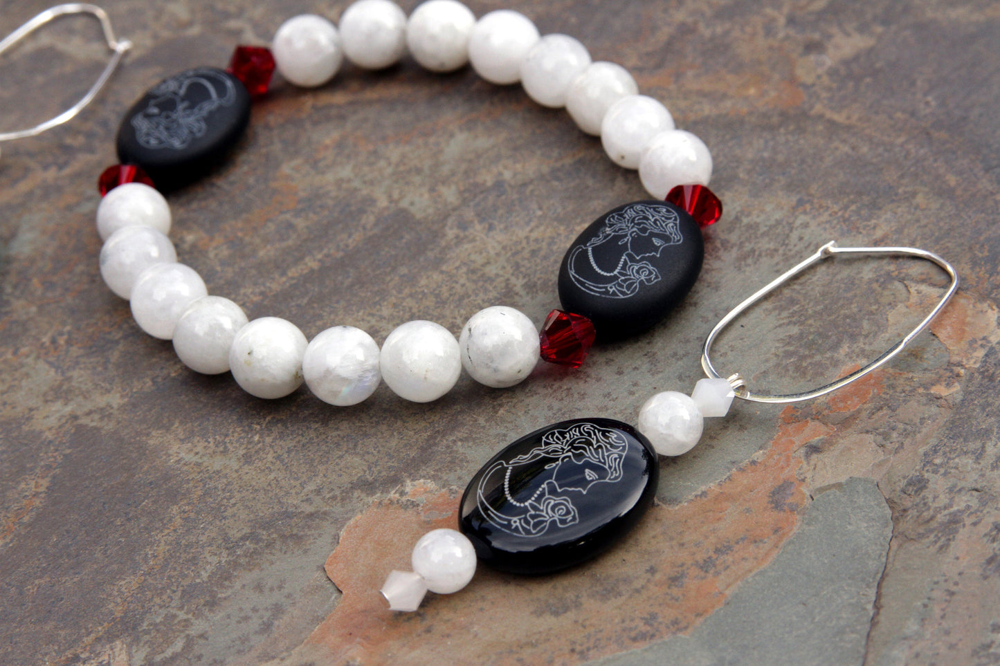 Moonstone and Onyx gemstone Cameo Earrings