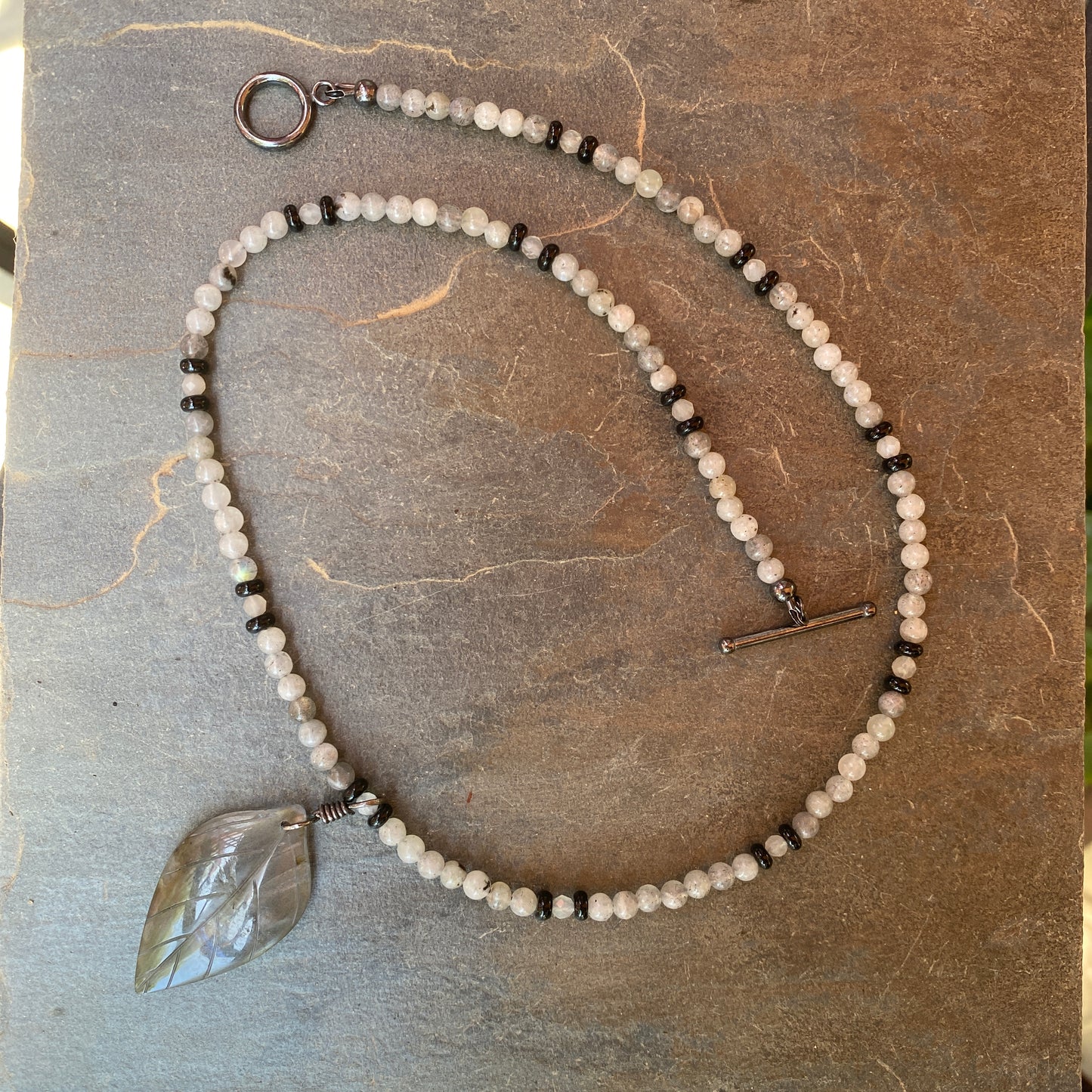 Labradorite Leaf Pedant W/ Oxidized Sterling Silver Gemstone Necklace