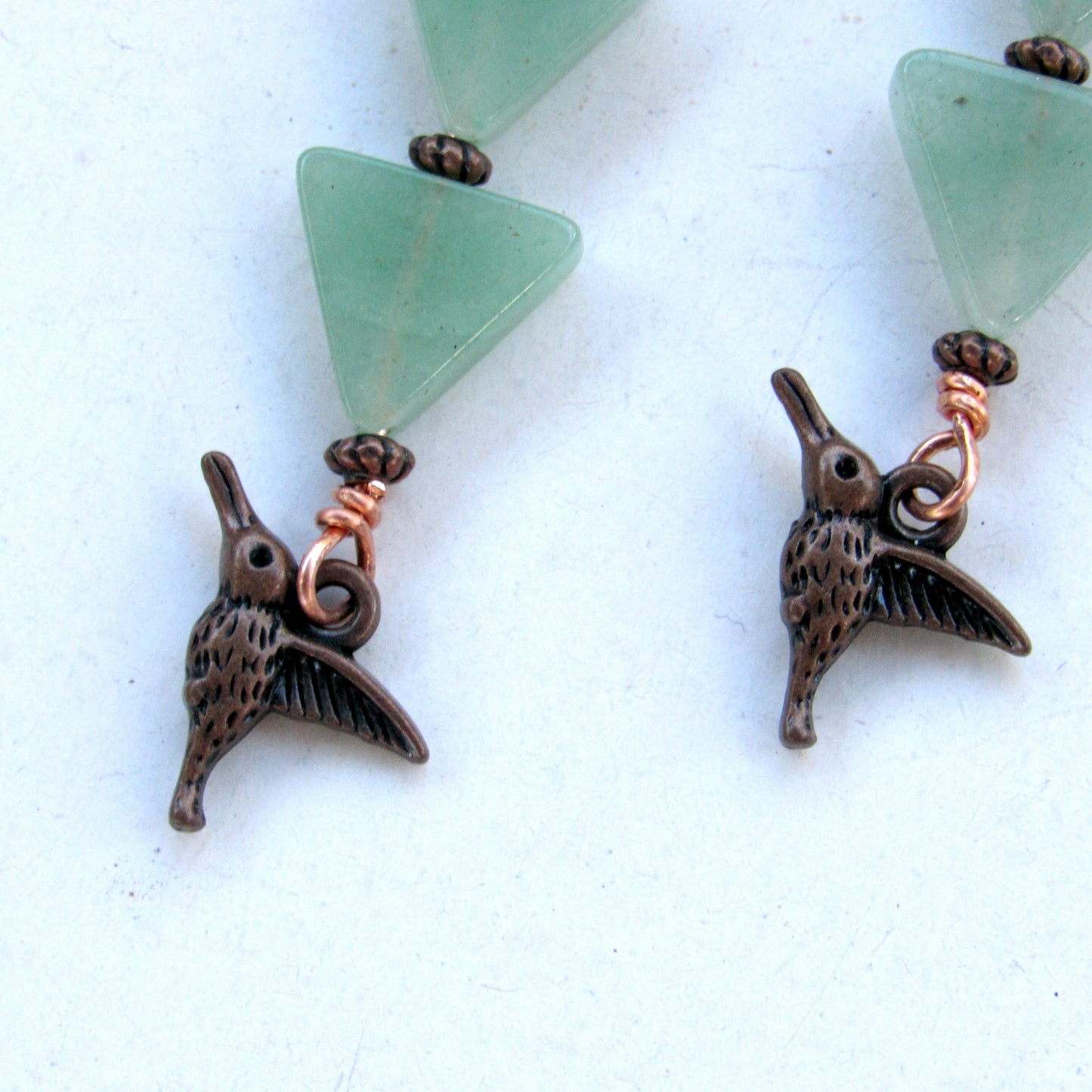 Green Aventurine gemstone Copper Hummingbird Drop Earrings