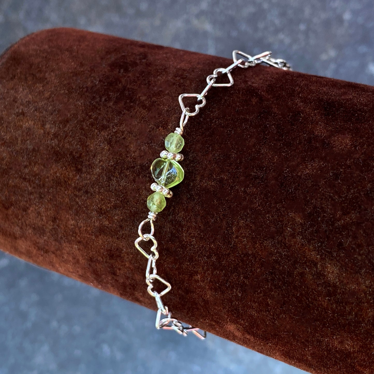 Peridot gemstone heart and silver heart chain bracelet with clasp