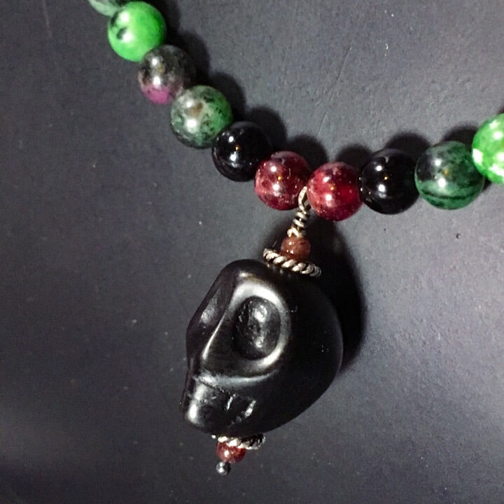 Men’s Ruby Zoisite, Garnet & Onyx Necklace with Howlite skull.