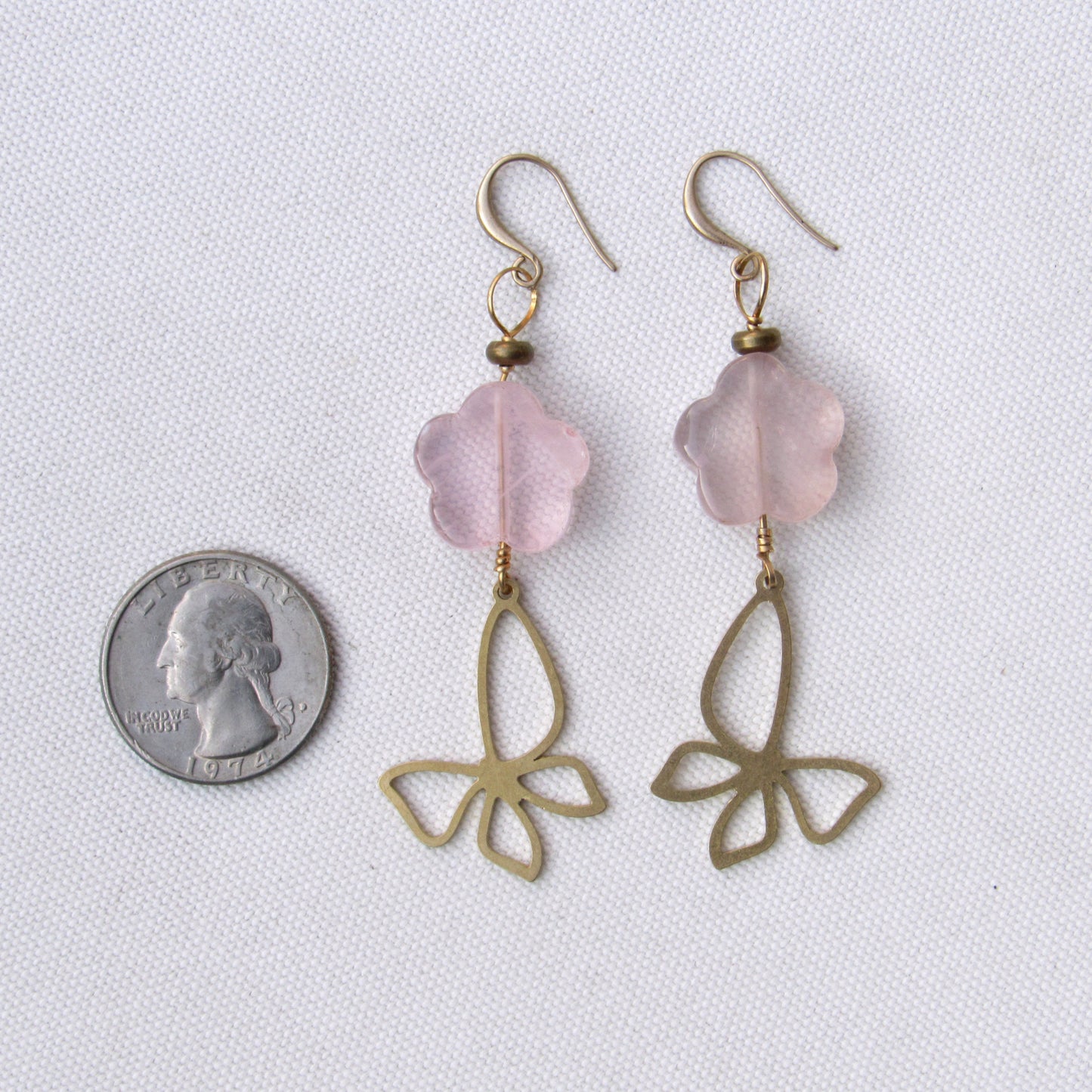 Rose Quartz gemstone Flowered Brass Butterfly Drop Earrings