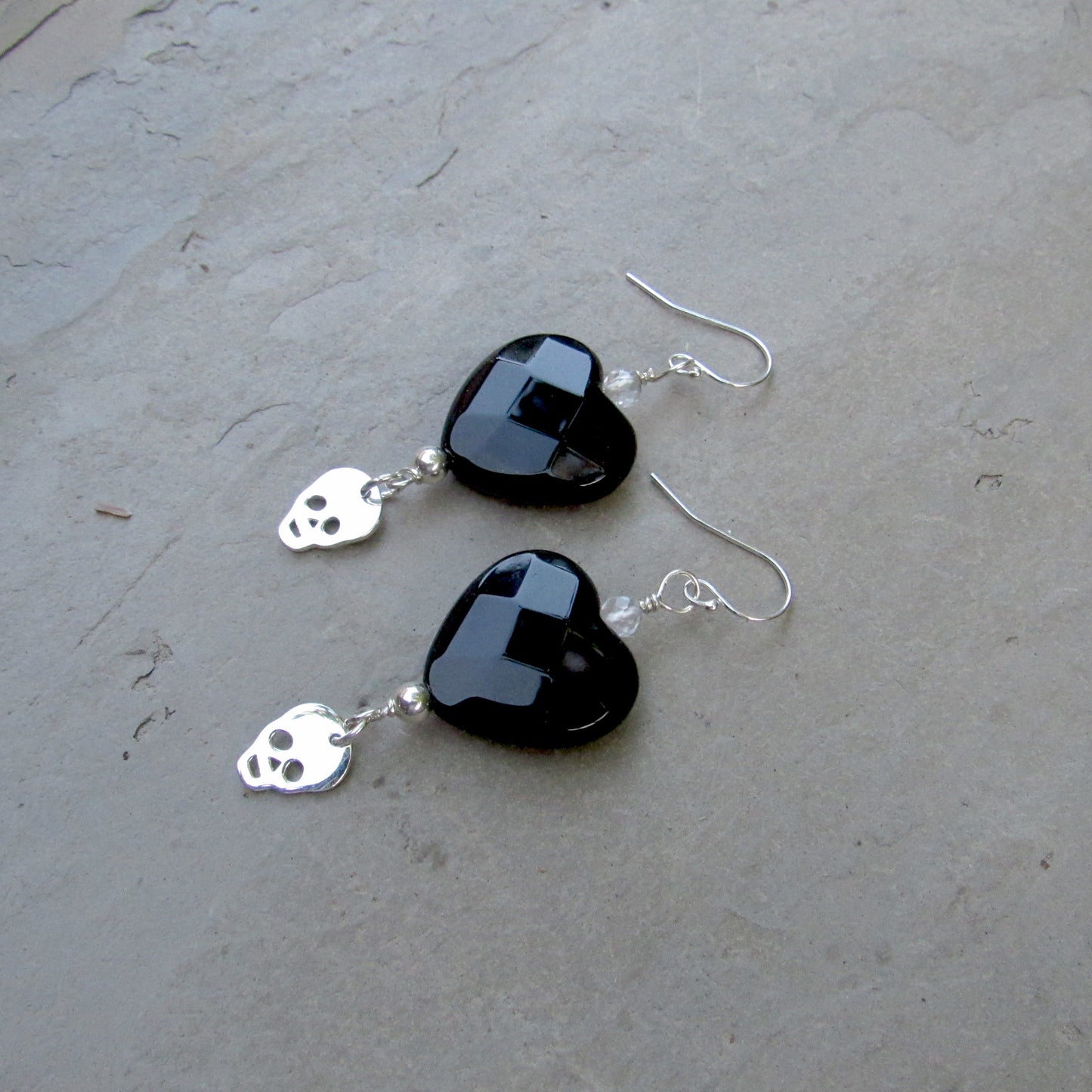 Faceted Onyx Heart, Moonstones, Sterling Silver Skulls, Drop Earrings