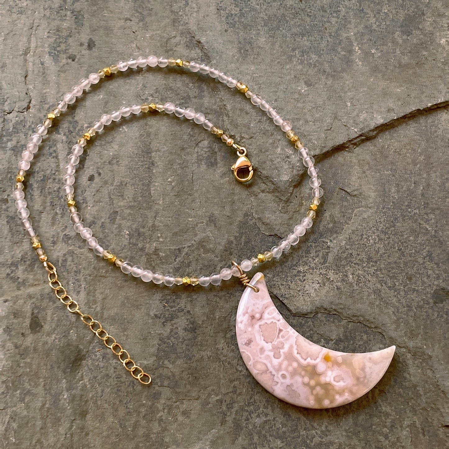 Cherry blossom agate moon pendant, on Rose quartz, citrine, 14 kt GF necklace