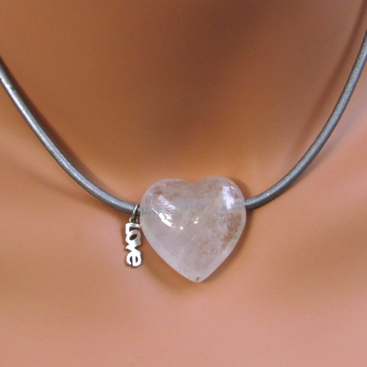 Clear Quartz gemstone with Sterling Silver Love on Metallic Leather Necklace