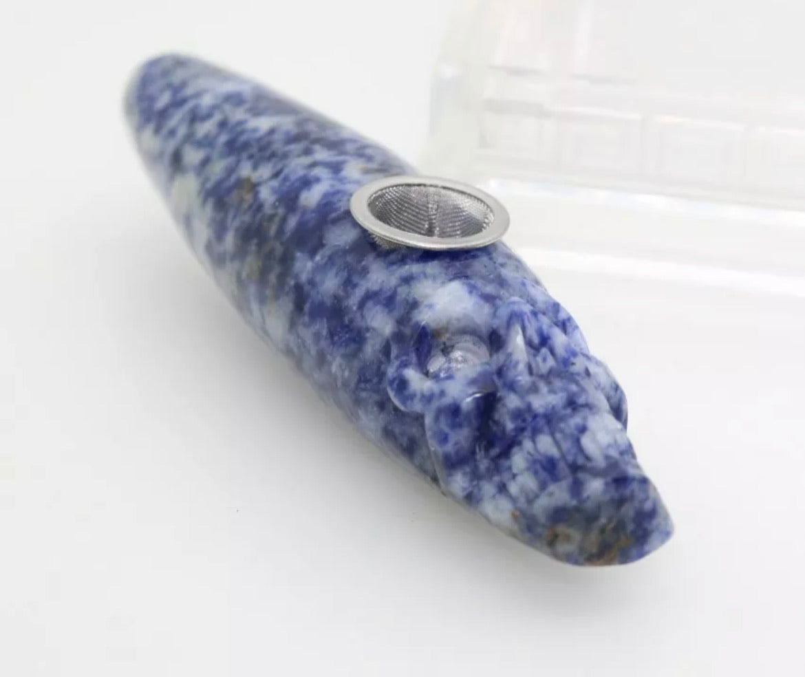 Blue Dot Jasper gemstone skull pipe