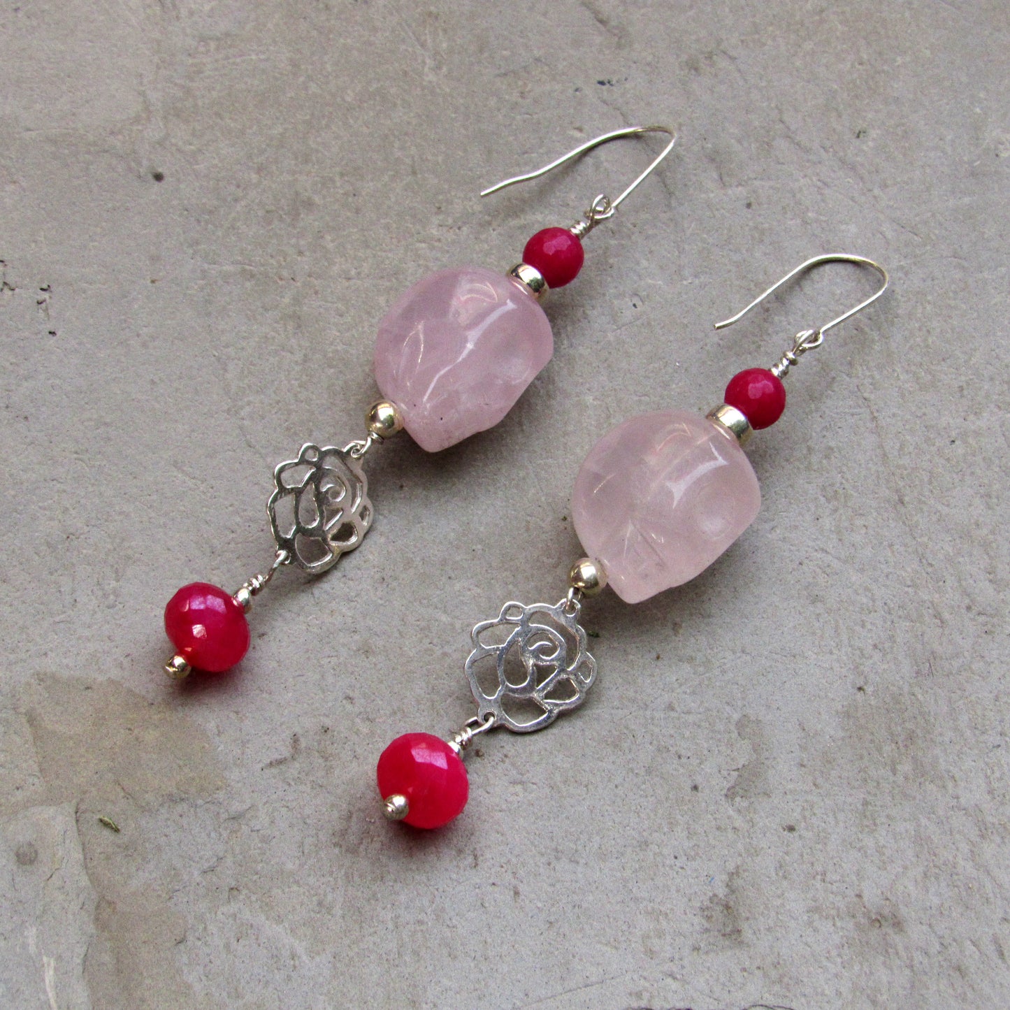 Rose Quartz Gemstone Skulls, Pink Jade, Pink chalcedony with Sterling Silver Rose Drop Earrings