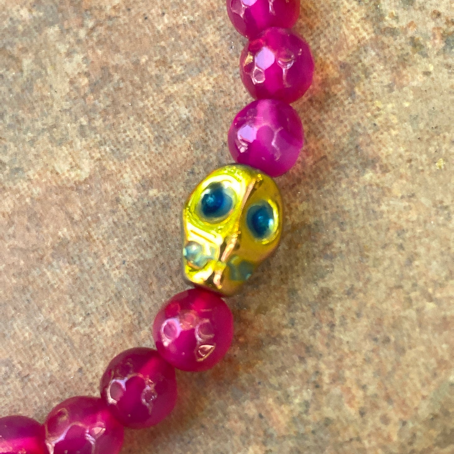 Women’s Pink Agate and Hematite Skull Gemstone "Curse" Stretch Bracelet