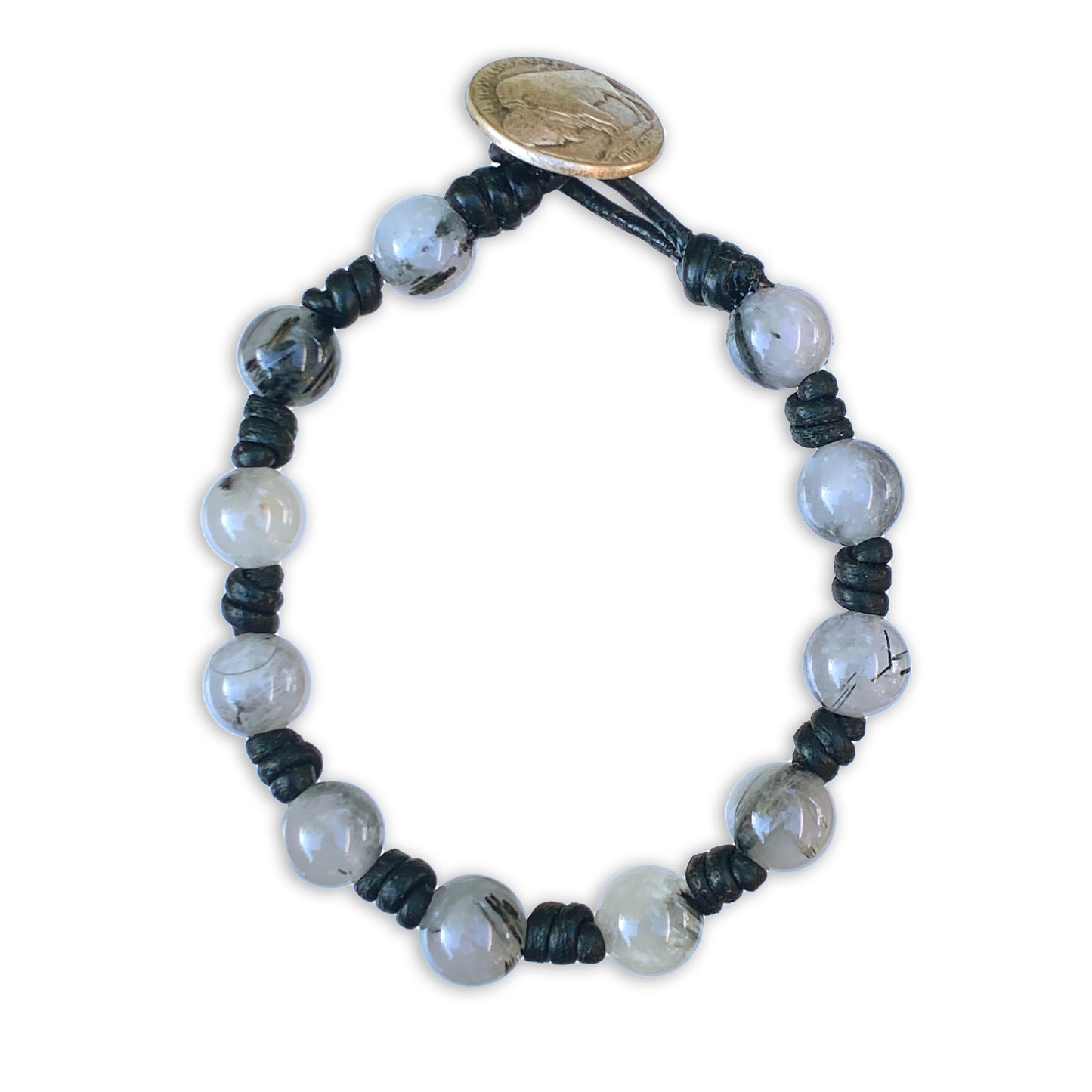 Leather and tourmaline Quartz Gemstone Bracelet with Buffalo Button
