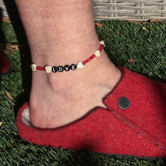 Women's "LOVE" Red Agate, White Turquoise Gemstone heart and oxidized Sterling Silver anklet