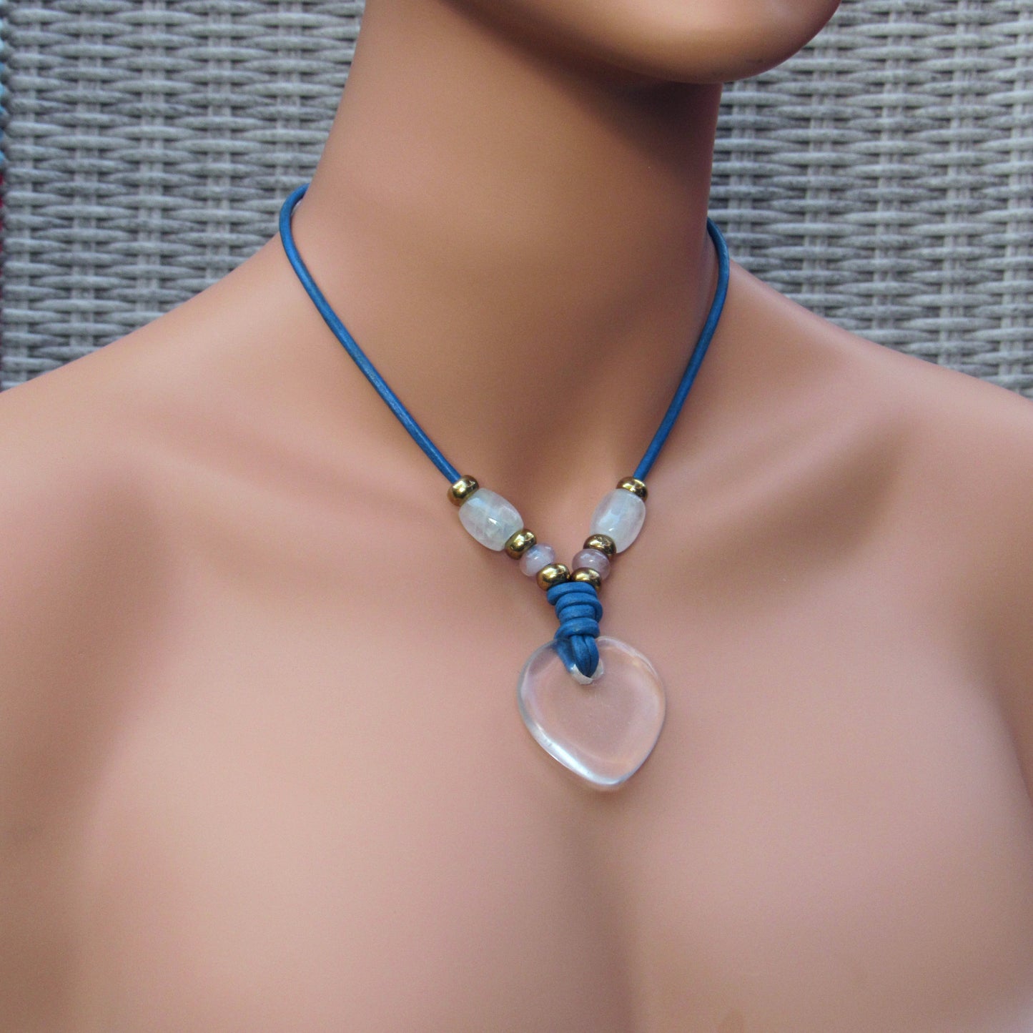 Clear Quartz & Rose Quartz gemstones with Brass on Blue Leather Necklace