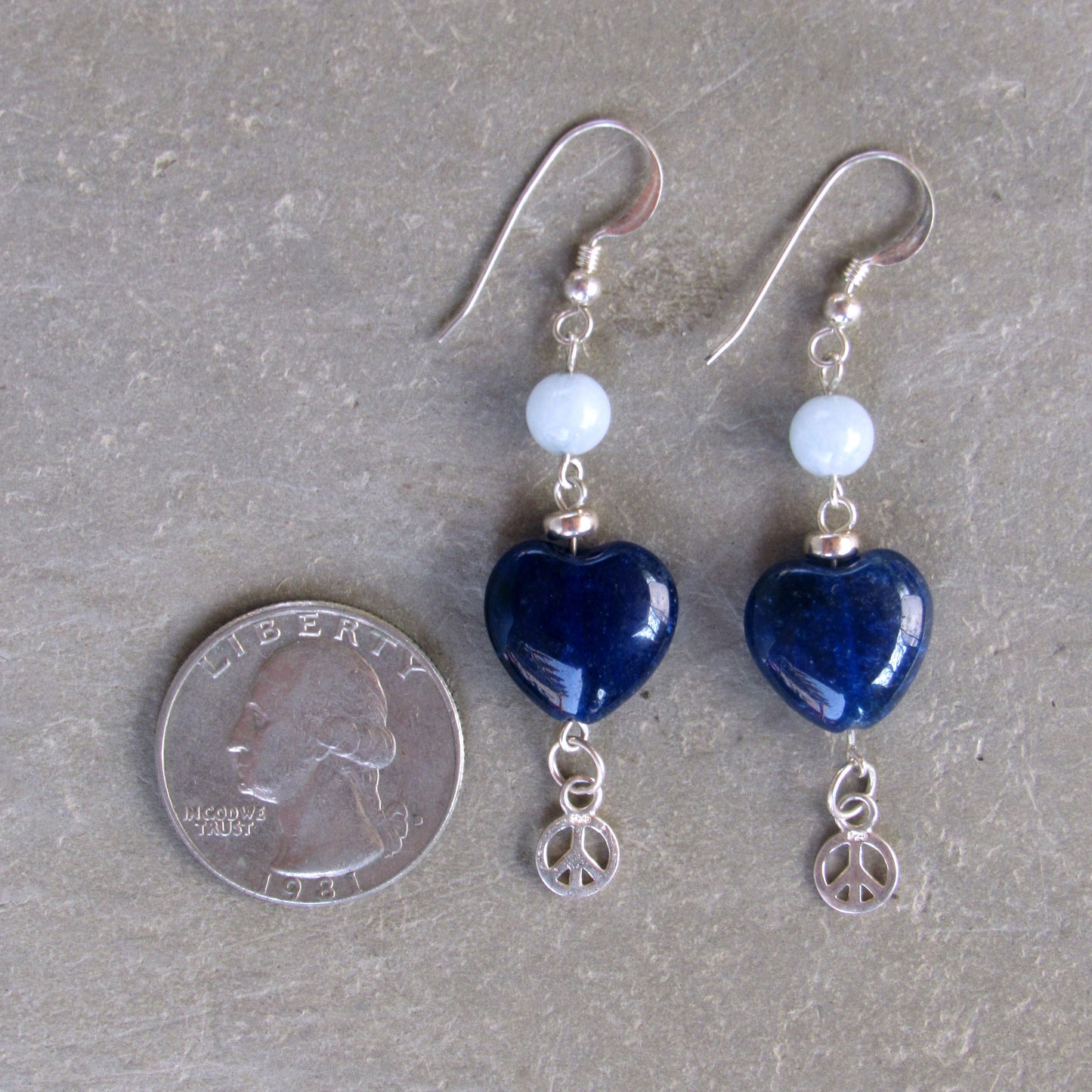 Blue Agate gemstone Hearts, Sterling Silver Peace Signs, Aquamarine, Sterling Silver Drop Earrings