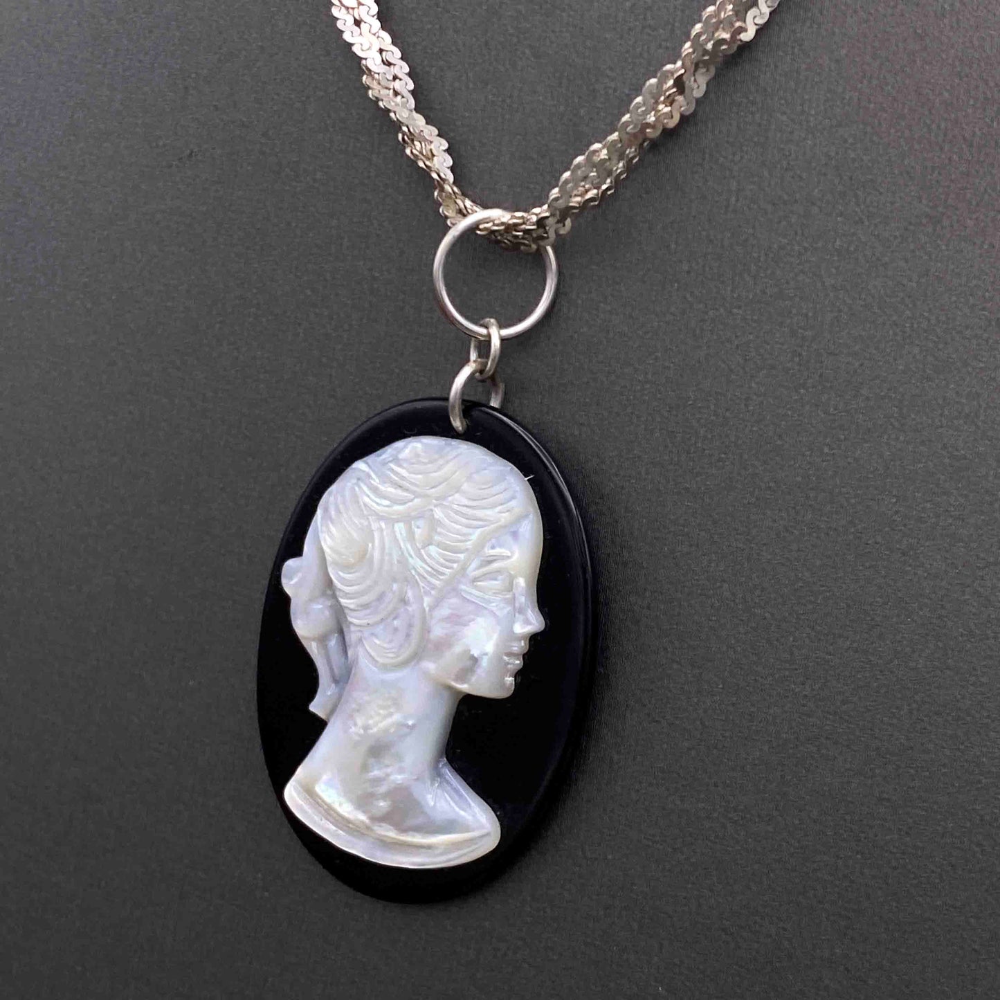 Onyx and Mother of Pearl Cameo on Repurposed Vintage Silver Chain