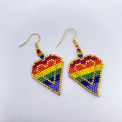 Beaded Glass Heart Pride Rainbow Earrings