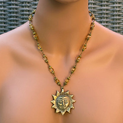 Brass Sun and Citrine Necklace