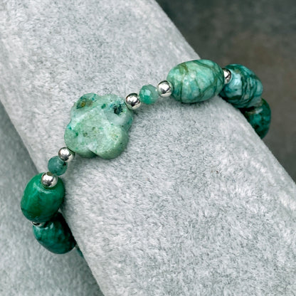 Chrysocolla Clover and Emerald gemstone Beaded Stretch Bracelet