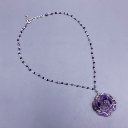 Amethyst Rose Pendant on Beaded Chain