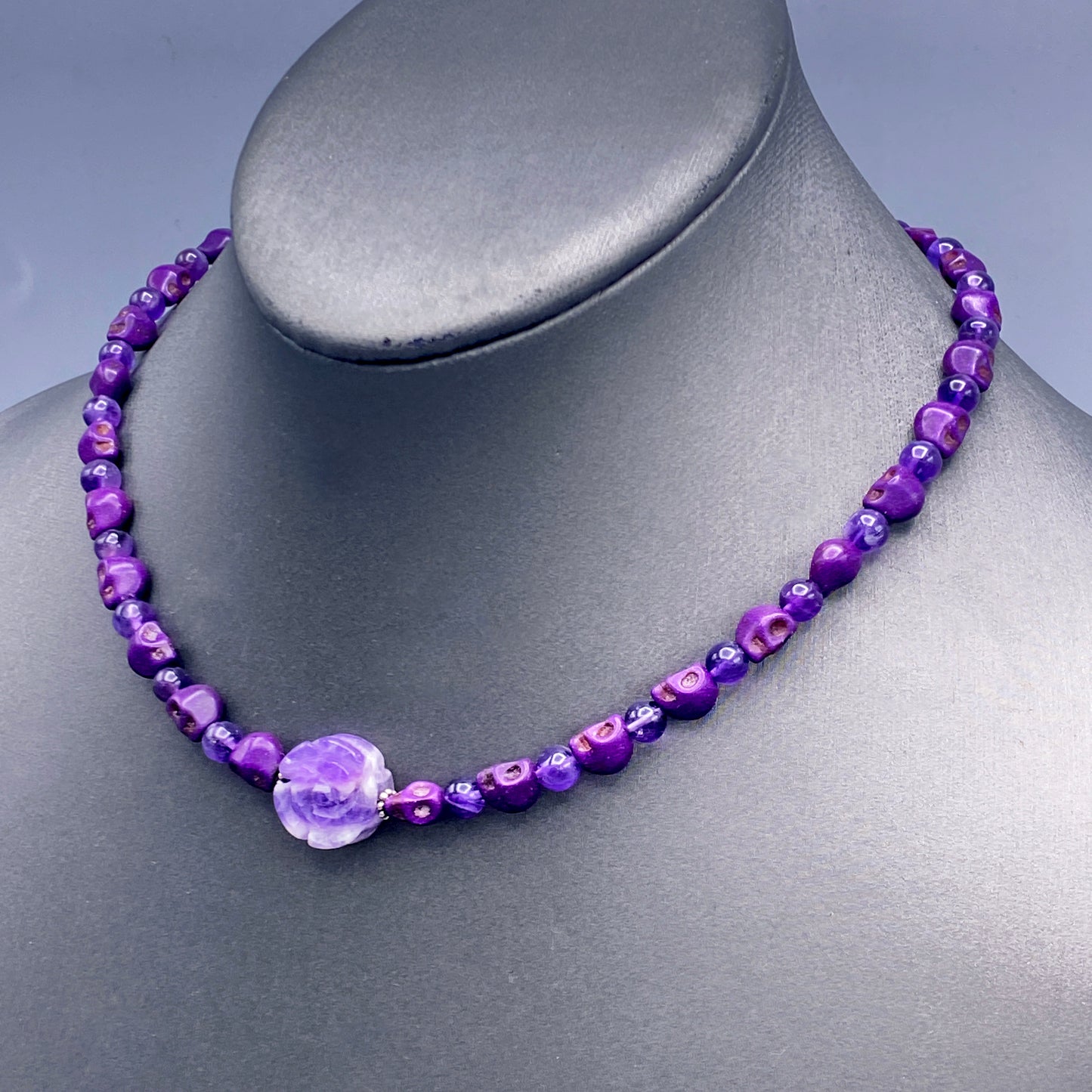 Amethyst Rose and Skull Necklace