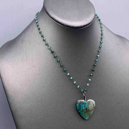 Chrysocolla Heart on Sterling Silver wrapped Green Onyx