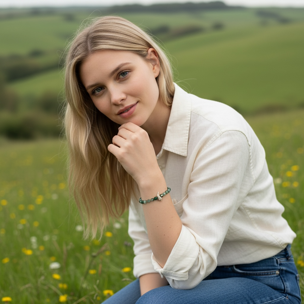 Moss Agate Gemstone and bird bracelet
