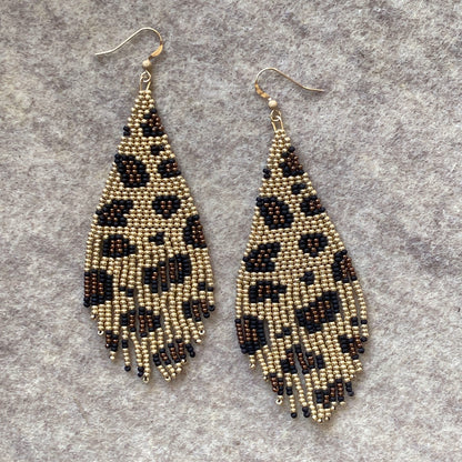Leopard Print Seed Glass Bead fringe Earrings