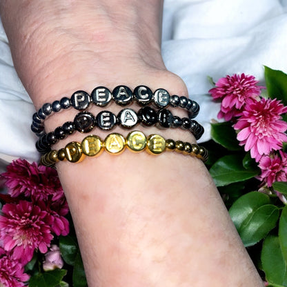 Hematite Peace Beaded Stretch Bracelet