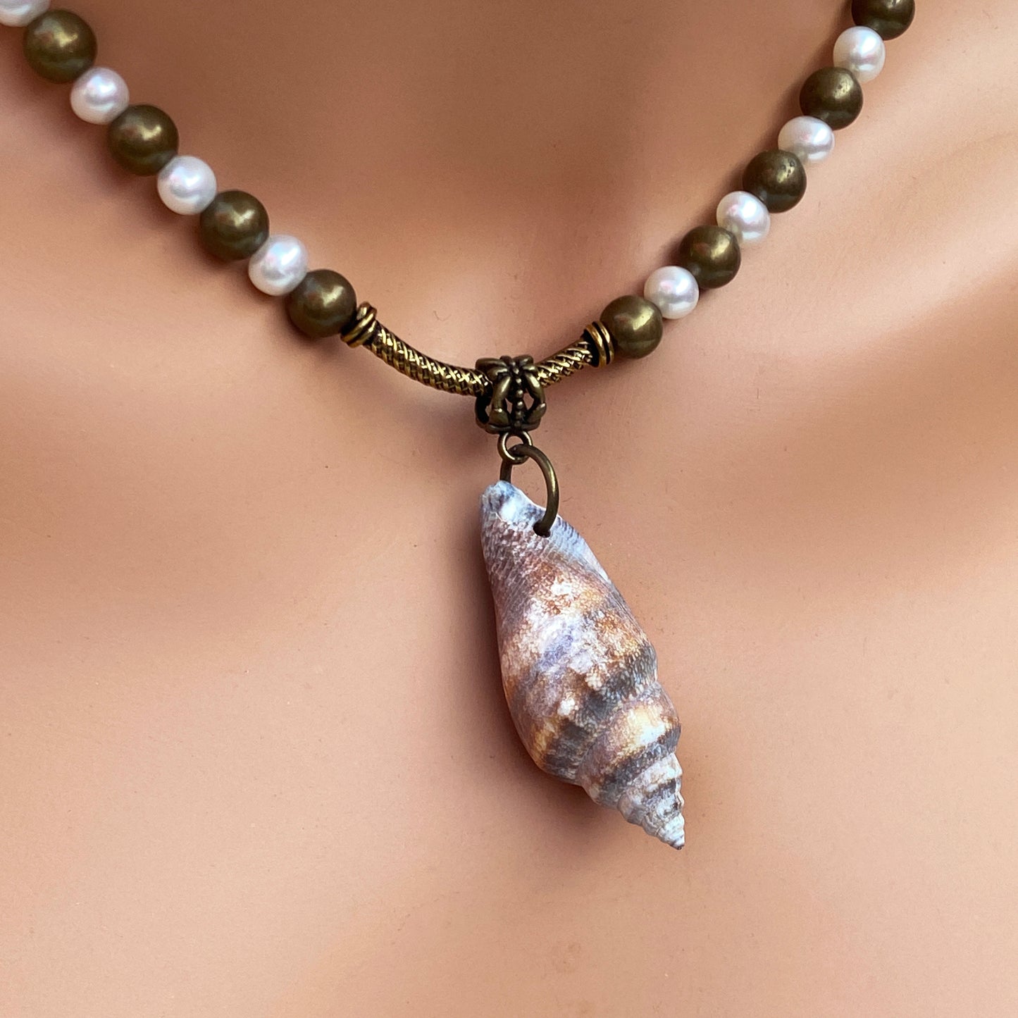 Pearl and Brass with Shell Pendant Necklace