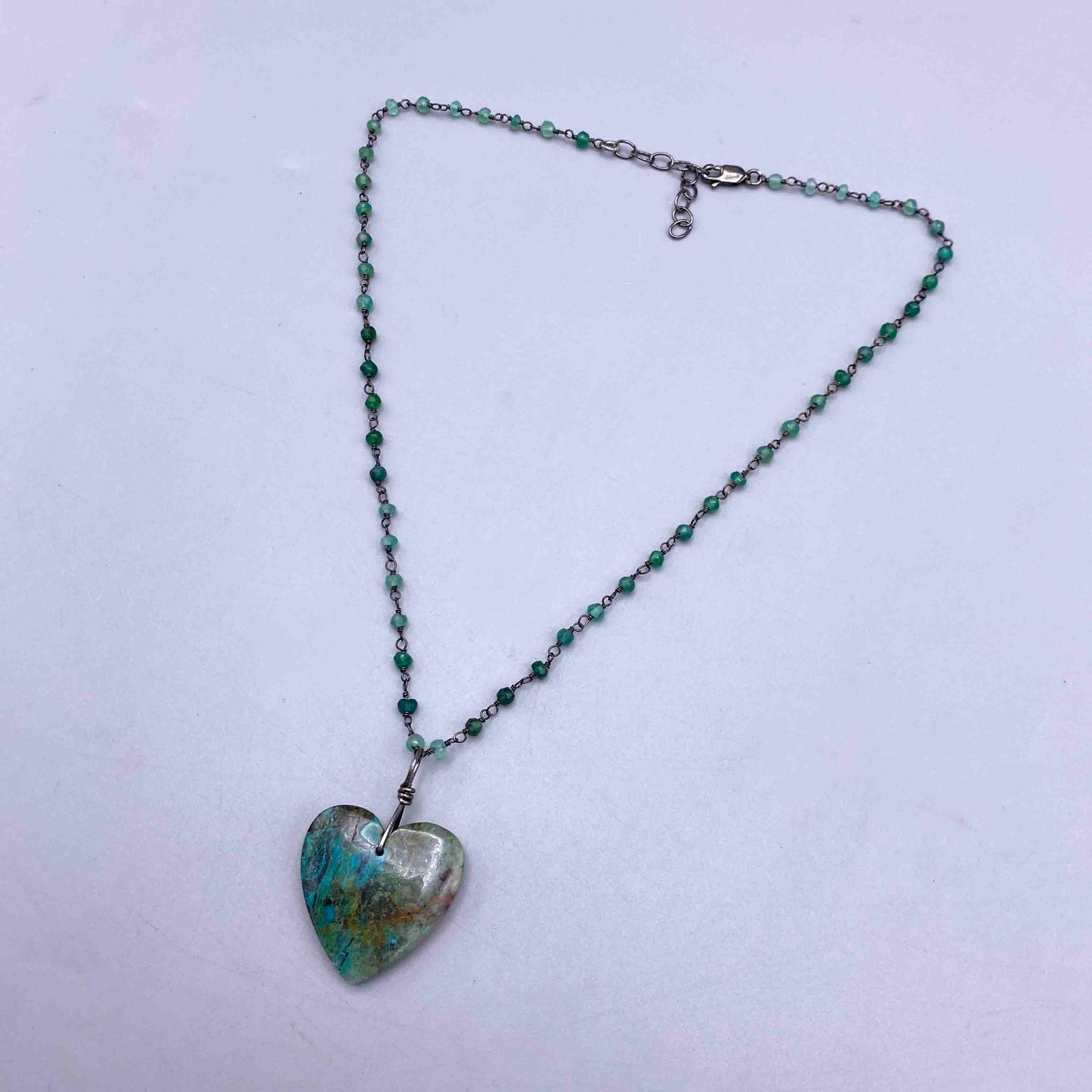 Chrysocolla Heart on Sterling Silver wrapped Green Onyx