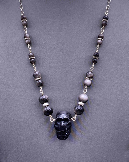 Black Obsidian and Silver Obsidian Skull Necklace