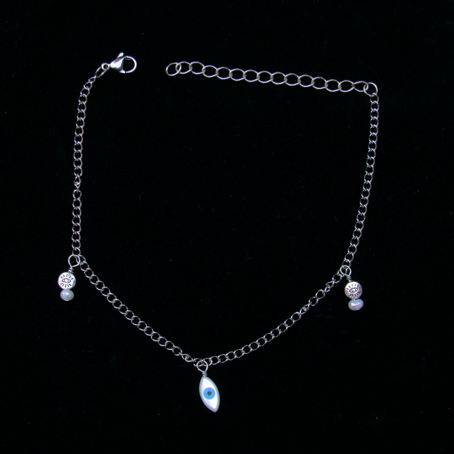 Evil Eye pearl and steel chain Anklet