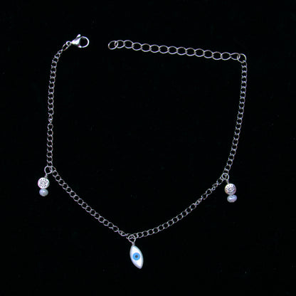 Evil Eye pearl and steel chain Anklet