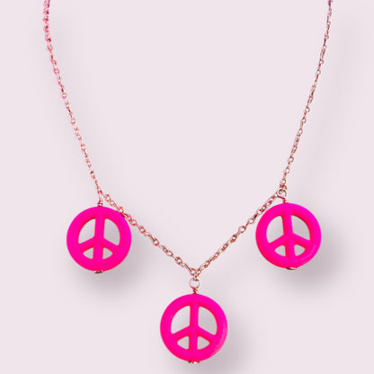 Pink Howlite Peace Sign Copper Necklace