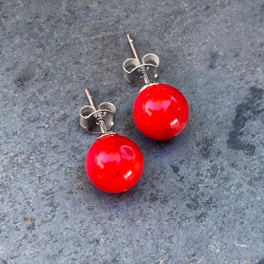Red coral gemstone stud earrings
