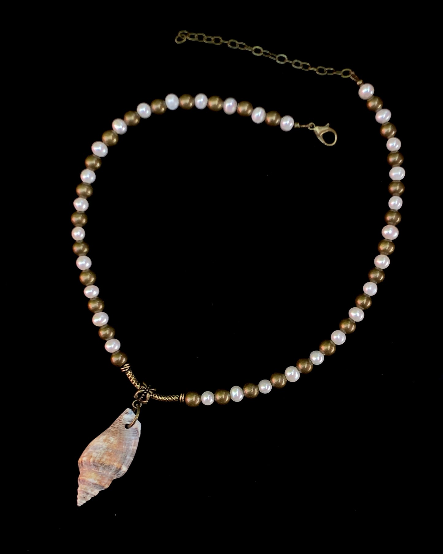 Pearl and Brass with Shell Pendant Necklace